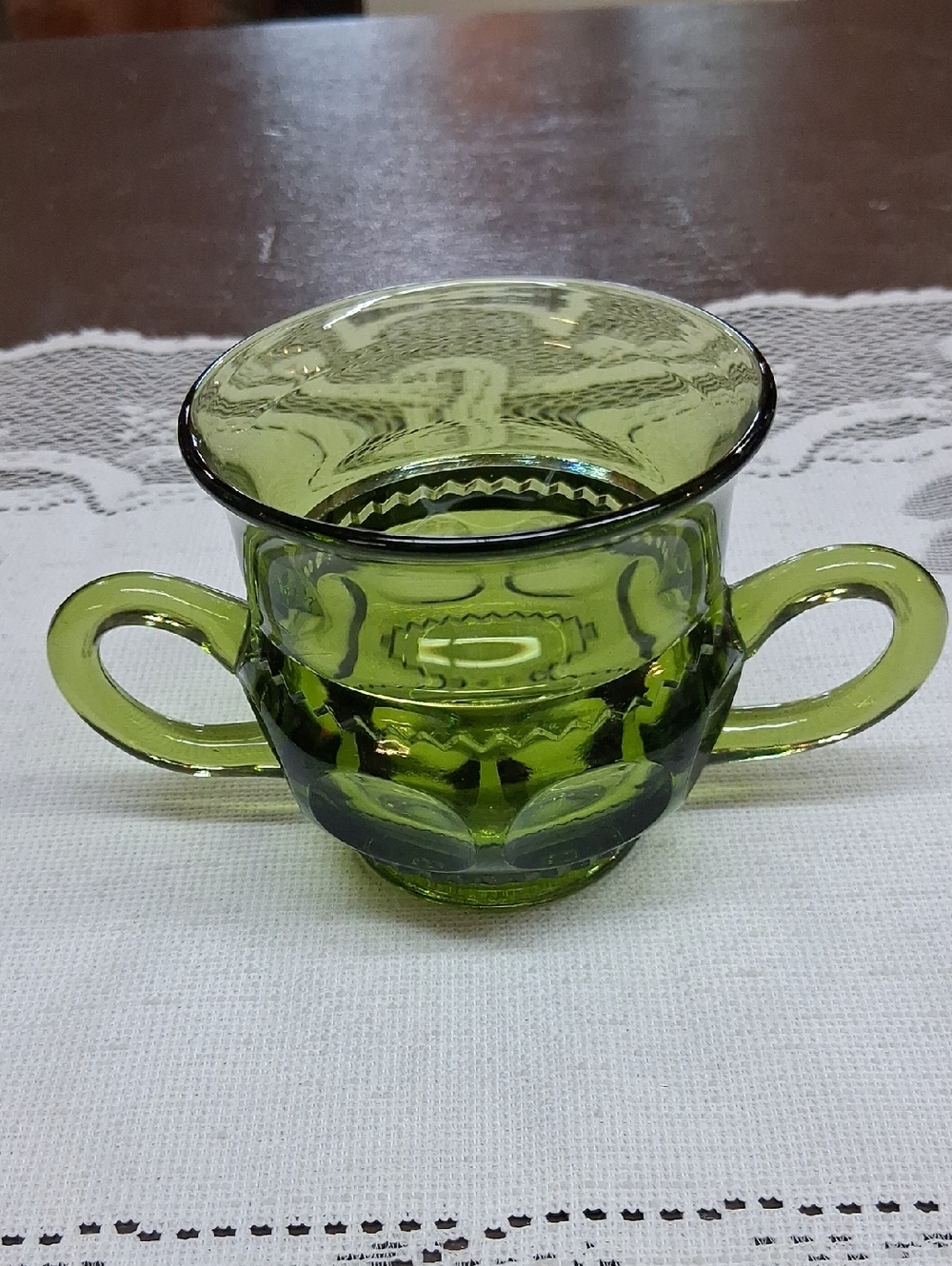 Indiana Glass Sugar Bowl in the King's‎ Crown Thumbprint pattern.